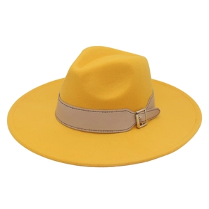 Detail of wool felt fedora with a wide brim and adjustable faux leather belt buckle