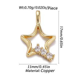 Detailed dimensions of gold star pendant with zirconia, 17x11mm copper jewelry part