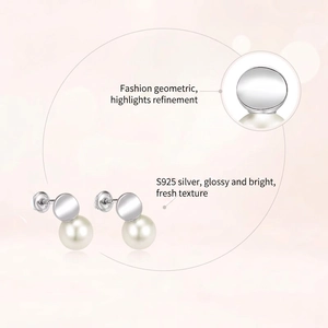 French style S925 silver pearl stud earrings featuring geometric round metal and white pearls