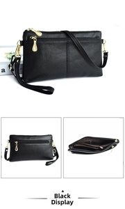 Detailed views of black pebbled leather crossbody bag with gold hardware and compartments
