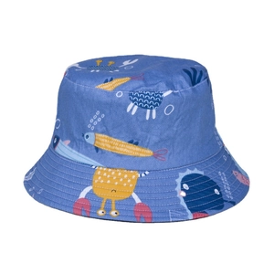 Sky blue bucket hat with cartoon ocean patterns including yellow crabs and blue fish