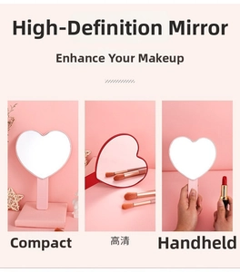 Detailed views of pink heart-shaped handheld makeup mirrors with high-definition clarity