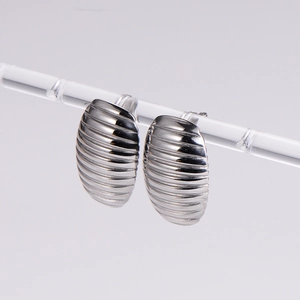 Polished silver stainless steel oval earrings with unique horizontal striped texture