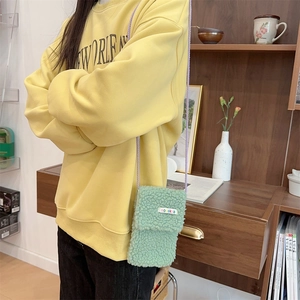 Detail of mint green plush phone bag with purple braided strap and colorful logo label