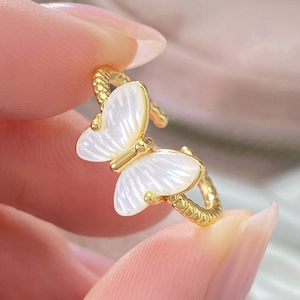 18K gold plated butterfly ring with white mother of pearl inlay and twisted band