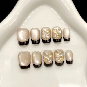 Handmade Press On Nails Black French Tip Champagne Gold Cat Eye Effect With 3D Floral Crushed Stone Decor Elegant
