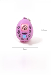 Macro detail of purple Rock Paper Scissors game egg toy with size dimensions 4x5.5cm