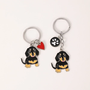 Cartoon Dachshund Dog Keychain Metal Enamel Puppy Pendant With Heart Paw Print Charm For Women Bag Decoration Pet Lovers Gift