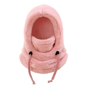 Pink plush balaclava hood detail featuring an adjustable drawstring and soft fleece texture