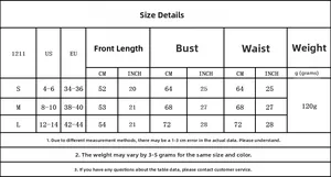 Detailed size chart for sexy backless slip dress with measurements in cm and inches