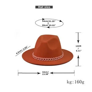 Caramel fedora hat with pink chain detail showing precise dimensions and size measurements