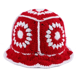 Handmade crochet knit bucket hat with vintage red and white floral pattern for women
