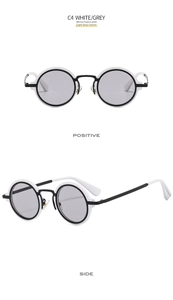Detailed front and side views of punk style round sunglasses with white and black frames
