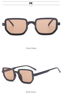 Front and side views of black square vintage sunglasses with brown lenses for sun protection