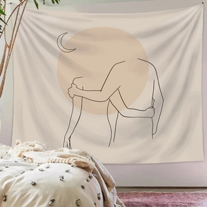 Minimalist bohemian wall tapestry featuring figures embracing under sun and moon artwork