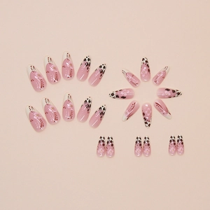 24pcs almond french press-on nails with leopard print and pink flower patterns