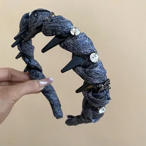 Elegant grey fabric headband with sparkling rhinestones and non-slip teeth for high top styling