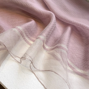 Elegant purple silk wool blend scarf featuring delicate silver thread and striped edges