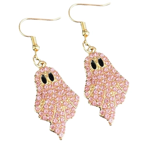 Close-up of pink rhinestone ghost earrings with golden hooks for Halloween