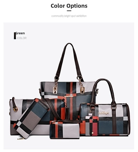 Détail du lot de 5 sacs à main patchwork géométrique en vert, beige et orange en cuir PU