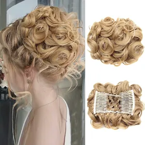 Detailed view showing synthetic golden wavy hair bun with comb clips for hair volume