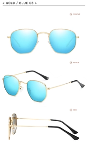 Three-view layout of irregular gold metal sunglasses with blue polarized lenses