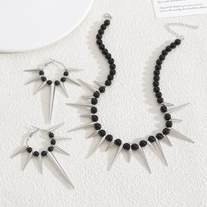 Close-up of Gothic punk choker and hoop earrings set with black beads and silver spikes