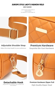 Detail of orange crossbody camera bag with adjustable strap and leaf-shaped zipper pull