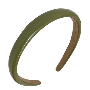 Elegant grass green slim headband with glossy finish and brown lining for women