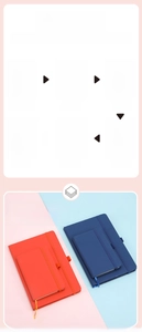 Dettagli delle copertine in pelle PU rossa e blu con elastici per taccuini A5