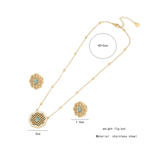 Detailed dimensions of gold stainless steel necklace and turquoise flower earrings set