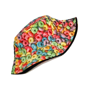 Detail of colorful fruit loops cereal pattern on reversible cotton bucket hat