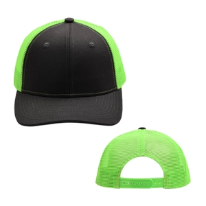 Detail view of the breathable neon green mesh back and snapback closure on a baseball cap