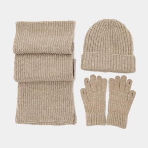 Oatmeal ribbed knit 3-piece set including warm scarf, beanie hat and touchscreen gloves