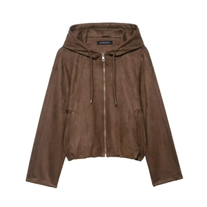 Women's brown faux suede hooded bomber jacket with full zip and side pockets