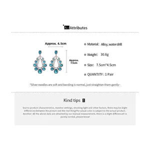Detail showing vintage water drop earrings with blue crystals and silver needles