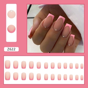 French rose pink gradient long square press-on nails with rhinestones and matte finish