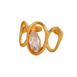 Close-up of gold stainless steel ring with marquise zircon and hollow design detail