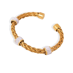 Woven Cable Cuff Bracelet Titanium Steel Gold Plated Rhinestone Inlay Hollow Out Adjustable Bangle For Women Jewelry
