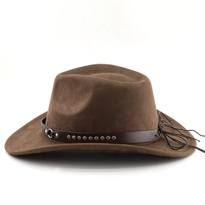 Detail of dark brown suede cowboy hat with silver studs on leather decorative band
