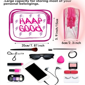 Detailed view of pink PVC makeup bag with dimensions and flat lay of storage capacity