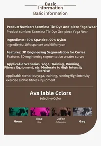 Size chart and material specs for seamless tie-dye yoga jumpsuit with 3D body contour design