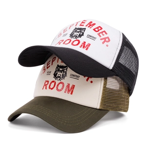 Classic mesh trucker hats in black and olive green featuring bold red graphic embroidery