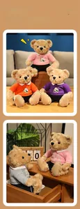 Detail of plush brown teddy bears wearing various colorful sweaters in a cozy home setting