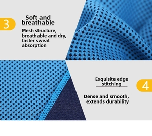 Detail of blue mesh cooling towel fabric with breathable holes and reinforced edges