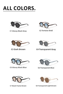 Grid display of vintage round oversized sunglasses in eight different frame and lens colors