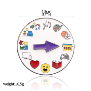 Close-up of a 4.5cm colorful rotating enamel pin with social battery icons and mirror effect