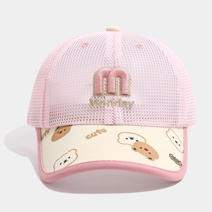 Detailed view of pink mesh kids cap featuring bear print and Monday letter embroidery