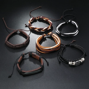 Retro 6-piece set of leather and hemp rope braided bracelets with metallic charms and beads