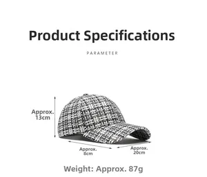Detailed size parameters for the black and white tweed baseball cap with dimensions